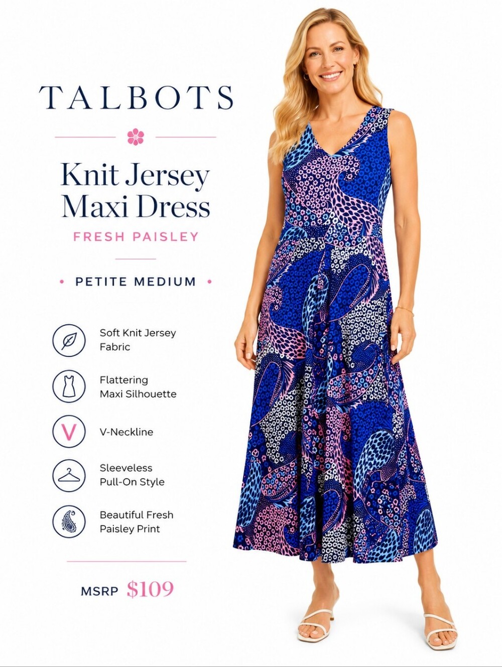 Talbots Fresh Paisley Knit Jersey Maxi Dress Petite Medium NWT